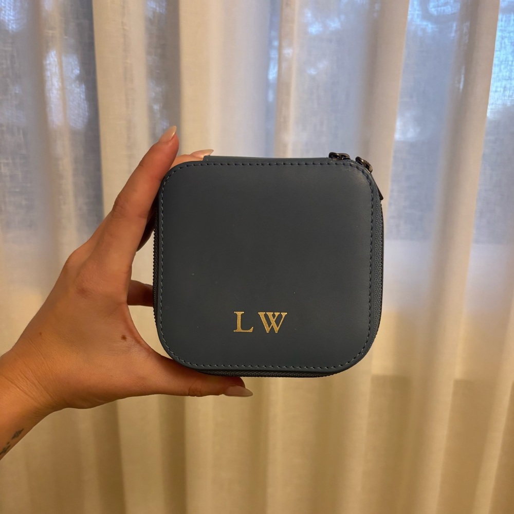 Compact Travel Blue Jewelry Case with Gold Monogram LW